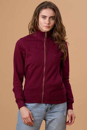 solid collared polyester women's casual wear sweatshirt - burgundy