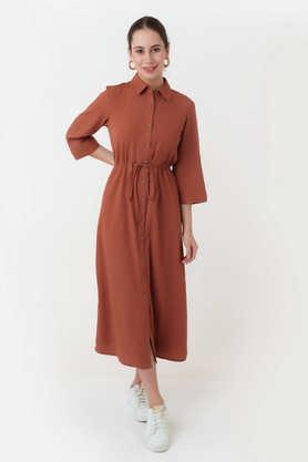 solid collared polyester women's dress - terracotta