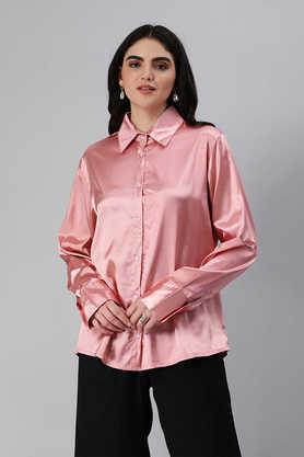 solid collared polyester women's formal wear shirt - blush