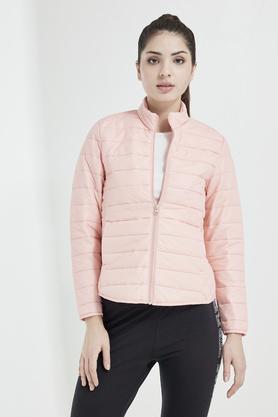 solid collared polyester women's jacket - peach