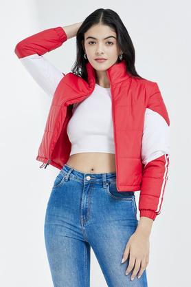 solid collared polyester women's jacket - red