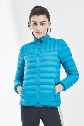 solid collared polyester women's jacket - turquoise