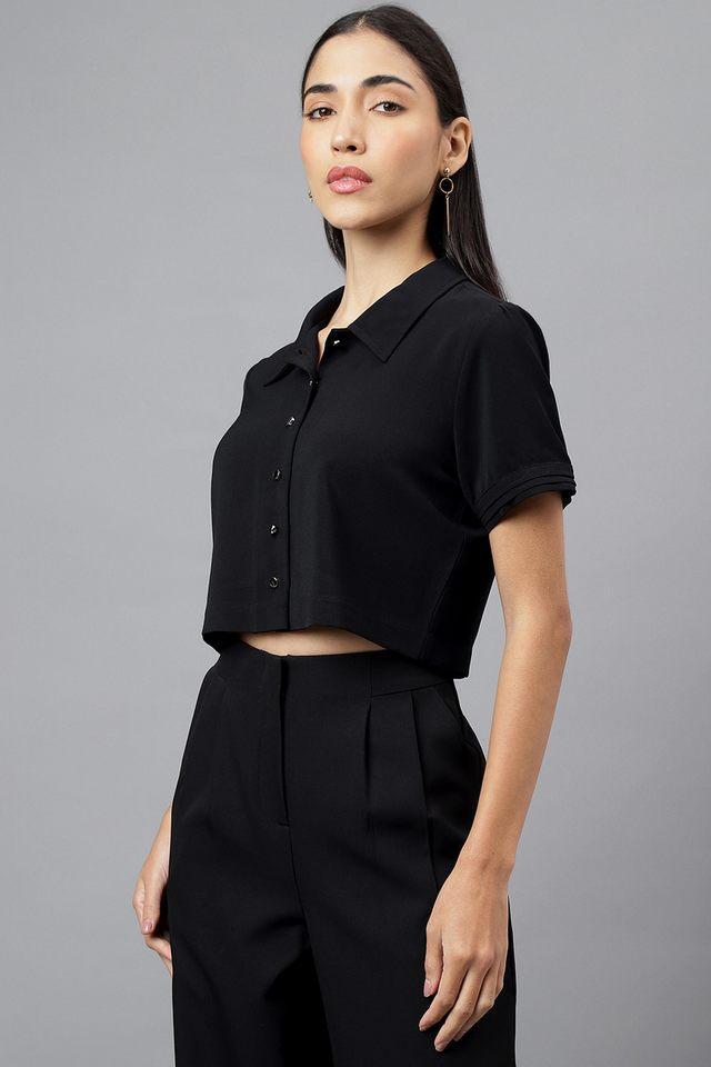 solid collared polyester womens casual wear shirt