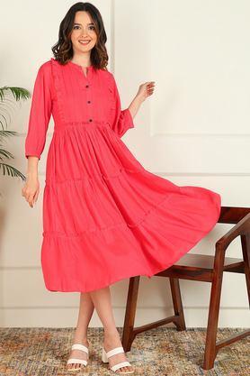 solid collared rayon women's calf length ethnic dress - pink