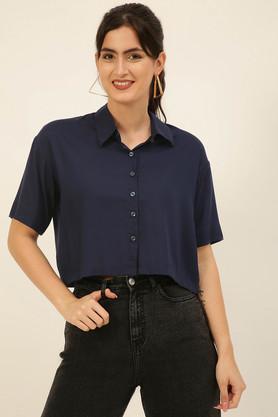 solid collared rayon women's casual wear shirt - navy