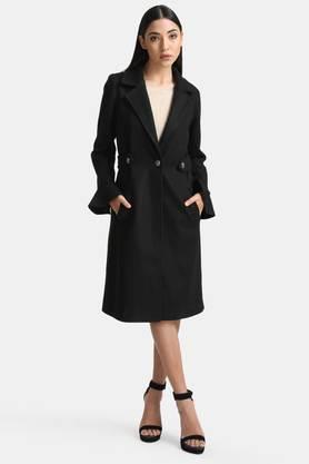 solid collared rayon women's party wear coat - black