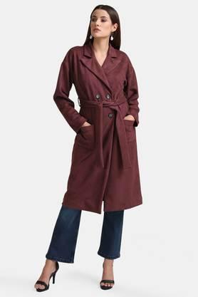solid collared rayon women's party wear coat - maroon
