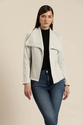 solid collared suede women's casual wear jacket - ivory