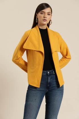 solid collared suede women's casual wear jacket - yellow