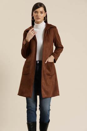 solid collared suede women's festive wear coat - brown