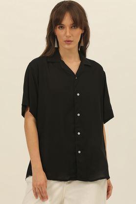 solid collared viscose unisex's casual wear shirt - black