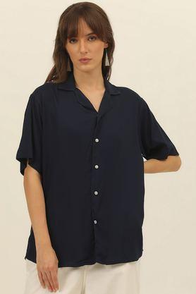 solid collared viscose unisex's casual wear shirt - navy