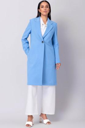 solid collared viscose women's casual wear coat - blue