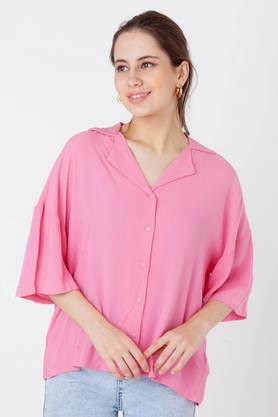 solid collared viscose women's casual wear shirt - pink