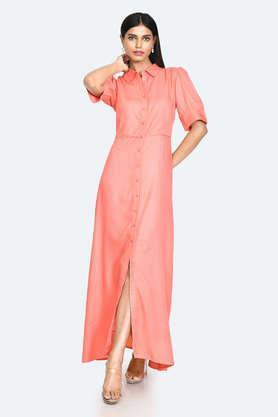 solid collared viscose women's maxi dress - coral