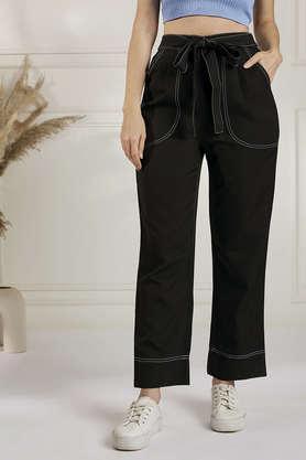 solid comfort fit polyester women's casual wear trouser - black