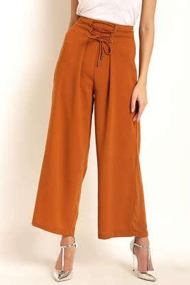 solid comfort fit polyester women's casual wear trouser - mustard