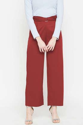 solid comfort fit polyester women's casual wear trouser - wine