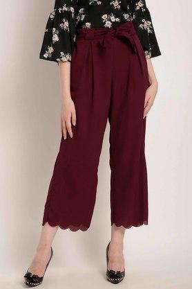 solid comfort fit polyester women's casual wear trousers - maroon