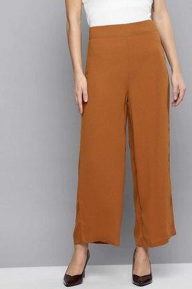 solid comfort fit polyester womens casual wear trousers - brown