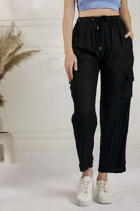 solid comfort fit rayon women's casual wear pants - black