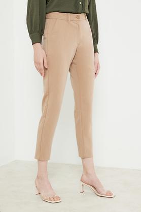 solid comfort polyester blend women's formal wear trouser - natural