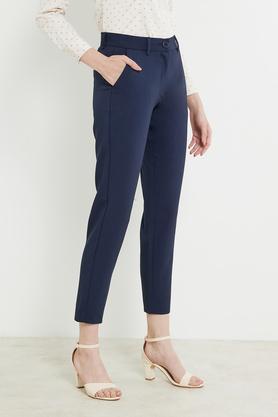 solid comfort polyester blend women's formal wear trouser - navy