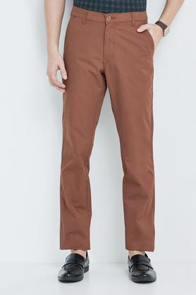 solid cotton blend  slim fit men's trousers - tobacco