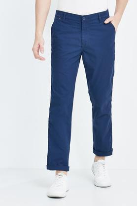 solid cotton blend  slim fit mens trousers - navy