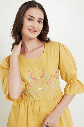 solid cotton blend boat neck women's tunic - mustard