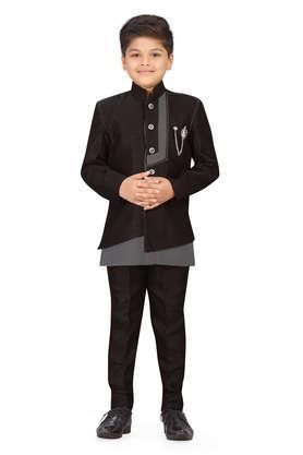 solid cotton blend collar neck boys sherwani set - black