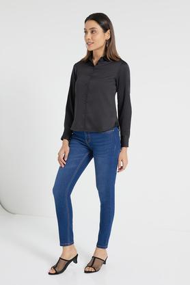 solid cotton blend collar neck women's shirt - black