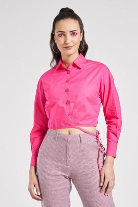 solid cotton blend collar neck women's shirt - fuschia