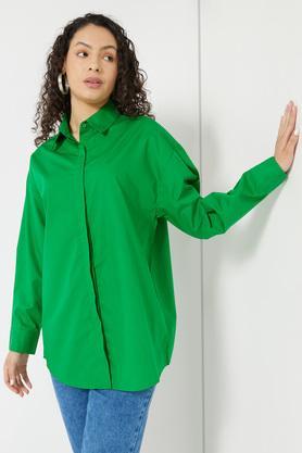 solid cotton blend collar neck women's shirt - green