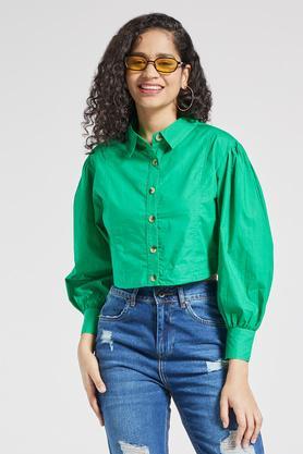 solid cotton blend collar neck women's shirt - green