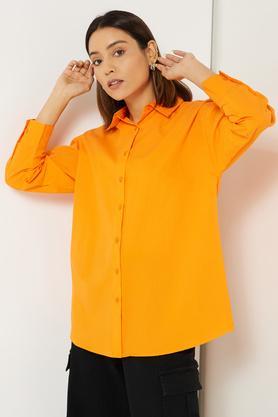 solid cotton blend collar neck women's shirt - orange