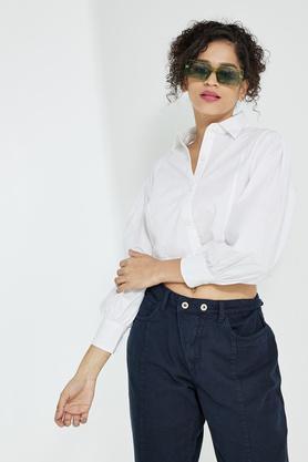 solid cotton blend collar neck women's shirt - white