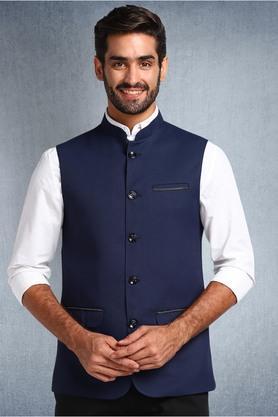solid cotton blend collared men's casual nehru jacket - multi