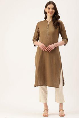 solid cotton blend collared women's casual wear kurta - khaki