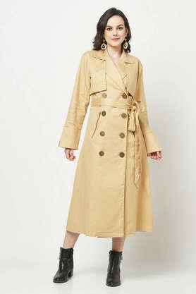 solid cotton blend collared women's wrapped peacoat - khaki