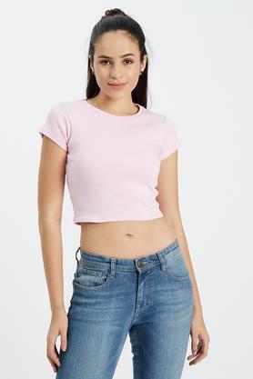 solid cotton blend crew neck women's t-shirt - pink