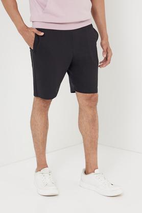 solid cotton blend elastic and drawstring men's shorts - black