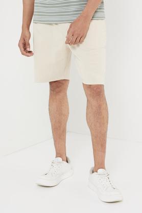 solid cotton blend elastic and drawstring men's shorts - natural