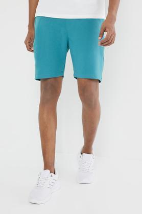 solid cotton blend elastic and drawstring men's shorts - teal