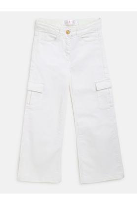 solid cotton blend flared fit girls trousers - white