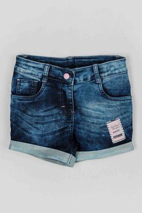 solid cotton blend flared girls shorts - blue