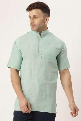 solid cotton blend half sleeves men's short kurta - green