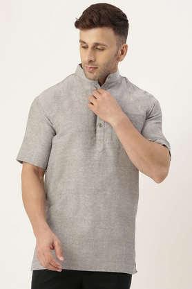 solid cotton blend half sleeves men's short kurta - grey