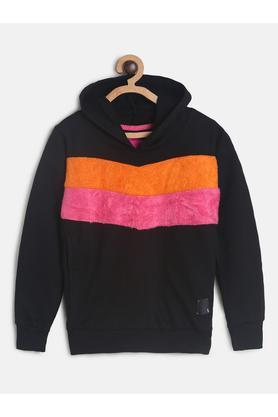 solid cotton blend hood girls sweatshirt - black