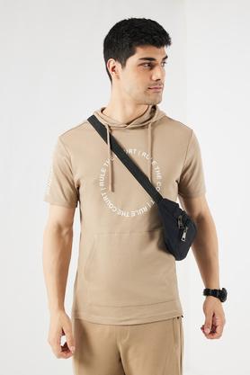 solid cotton blend hooded men's t-shirt - natural